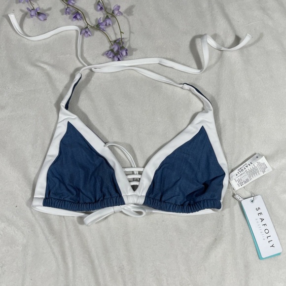 NWT Seafolly [ US 6‎ D-Cup ] Block Party Triangle Bikini Swim Top in Denim - Picture 5 of 11